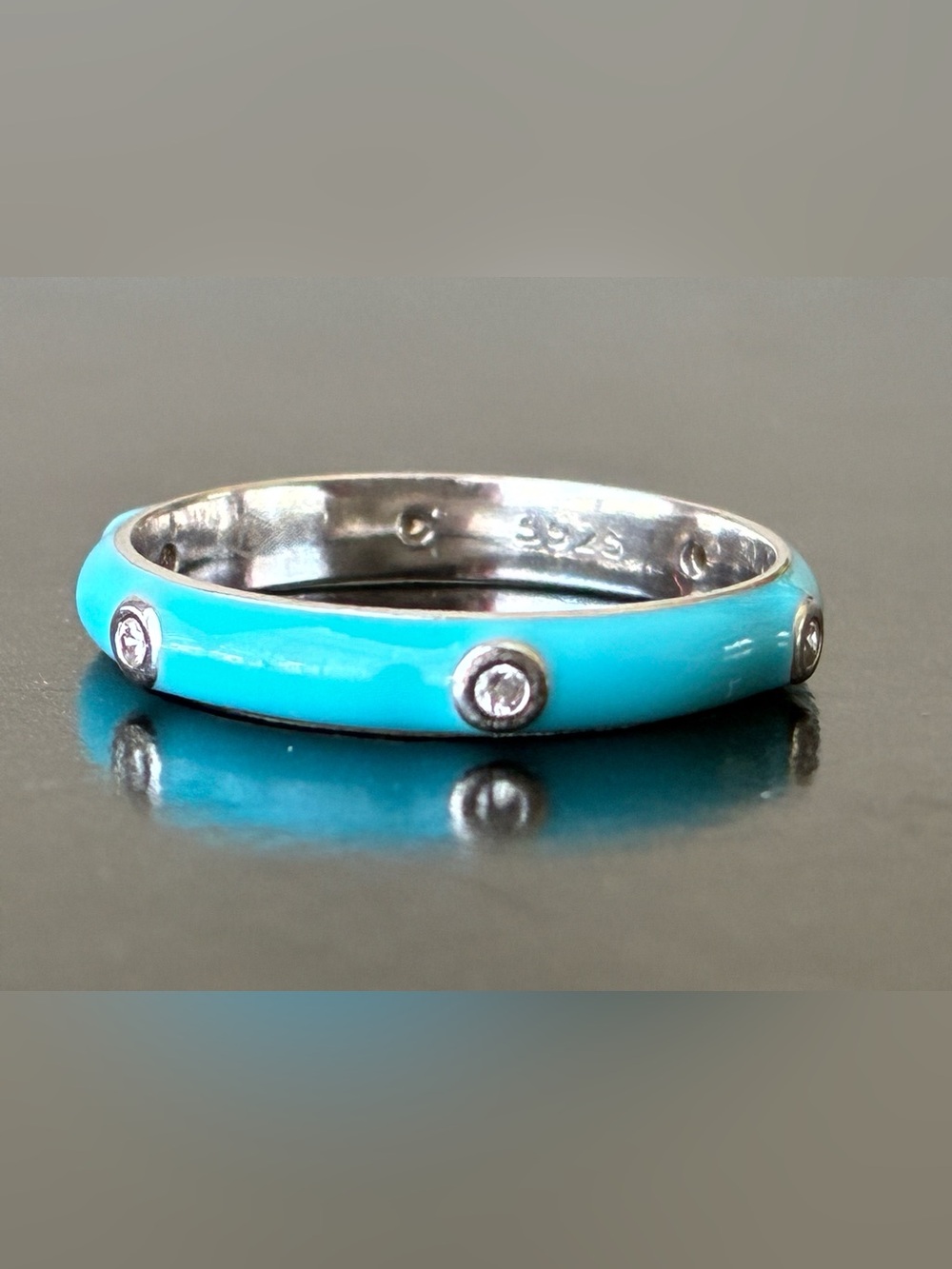 Sterling Silver Turquoise Enamel Ring with Crystal Accent - Picture 2 of 7